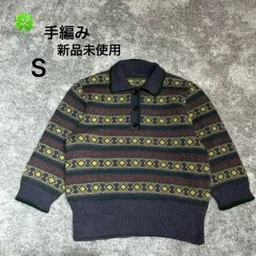 미사용 새상품 손뜨개질 기하학 패턴 니트 스웨터 7부 소매 울 100 S
