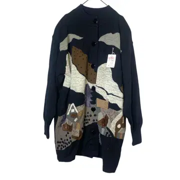 택 포함 새상품 풍경 무늬 자수 울 혼방 니트 롱 가디건 블랙 L