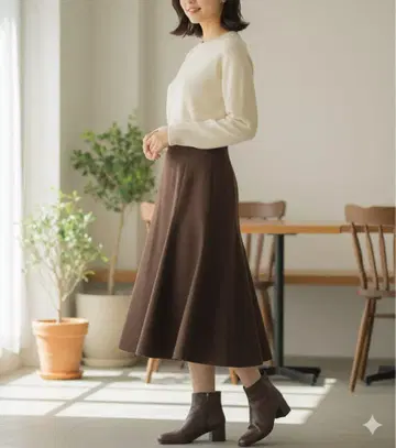 라토타리테 울 100% 미디 스커트 플레어 무지 브라운 38