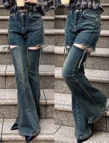 컷 아웃 리본 데님 팬츠 S 블루