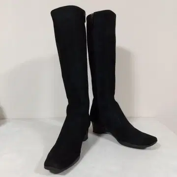 새상품급 긴자 카네마츠 스웨이드 롱 부츠 안정적인 힐 23.5 블랙