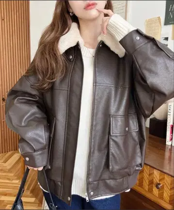 moment+ 브라운 인조 가죽 블루종 자켓 L 택 없음