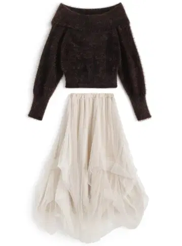 새상품 GRL 오프숄더 샤기 니트탑 x 튤 스커트 셋업