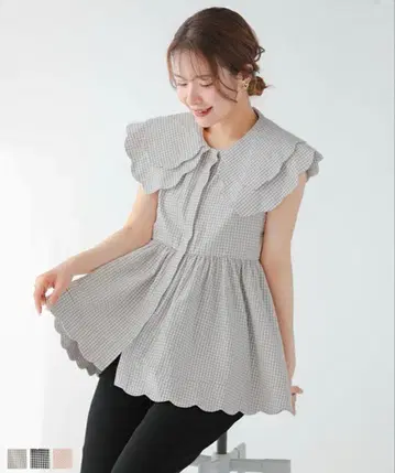 fit more / 더블 스캘럽 깅엄 체크 블라우스