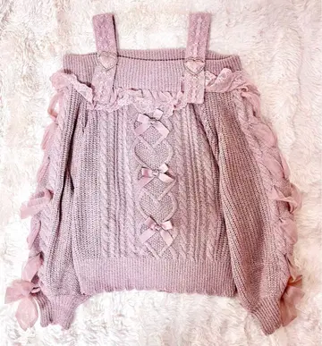 [ 새상품급 ] LIZLISA 레이스업 슬리브 오프숄더 니트 핑크 양산형