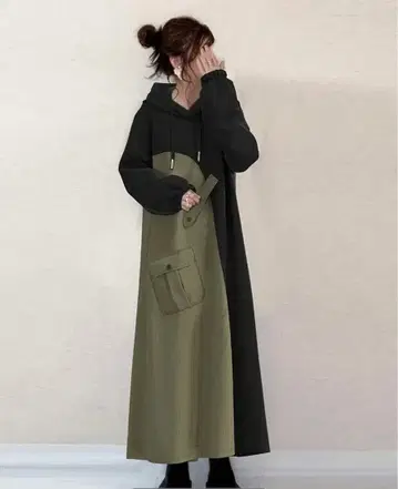 후드 부착 컬러 블록 롱 원피스