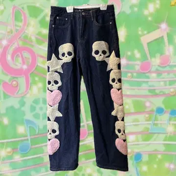 스컬 디자인 다크 블루 데님 팬츠 y2k