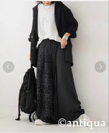 antiqua 블랙 레이스 절개 롱 스커트