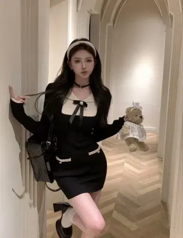 miu 계 패션 긴팔 원피스 니트 원피스 왕홍 양산형 지뢰계 한국