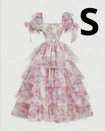 새상품 꽃무늬 티어드 드레스 프린세스 라인 퍼프 슬리브 롱 원피스