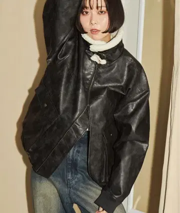 snapclub 2WAY 빈티지 스타일 보아 옷깃 절개 플라이트 블루종