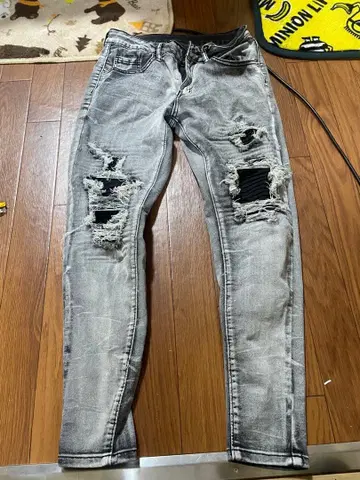 데미지 가공 스키니 데님 팬츠 그레이 US drip