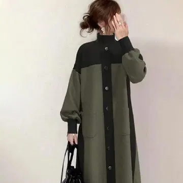 바이컬러 보틀넥 원피스 롱 기장 성숙 캐주얼 블랙 카키