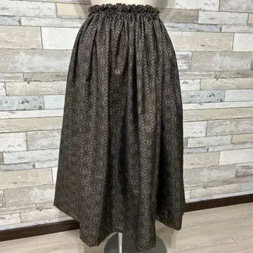 오시마 명주 기하학 패턴 롱 스커트 다크 브라운