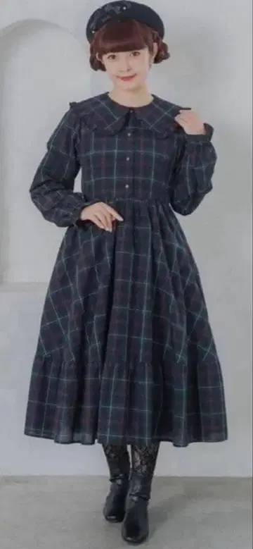 시마미사 아오키 미사코 체크 무늬 프릴 옷깃 긴팔 원피스