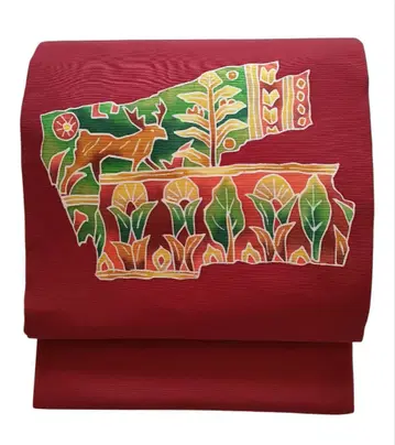 나고야 오비 시오제 아트풍 탁한 레드 사슴과 초화 개성적인 에스닉