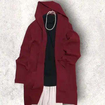 새상품급 후드 부착 롱 가디건 코트 L 버건디 보르도 빨간색