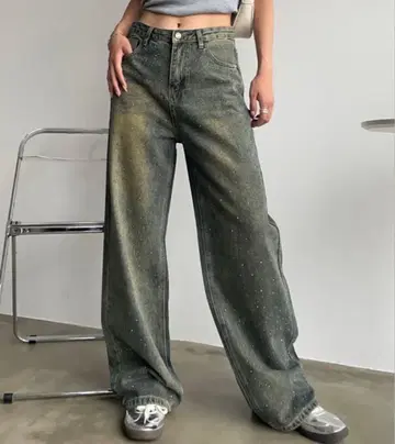 SHAGGIE 오로라 큐빅 장식 빈티지 루즈 데님 팬츠