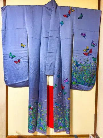 순수 실크 나비 패턴 후리소데 보라색 성인식 등에