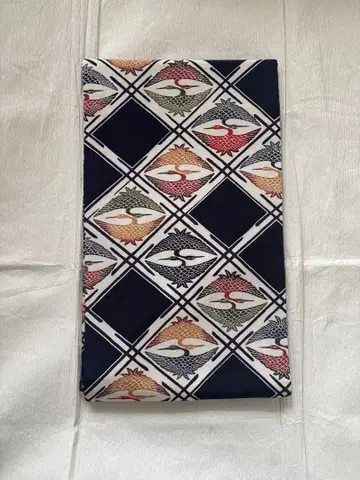 나고야 오비 전 통 크레이프 원단 마주보는 학 네이비 컬러풀