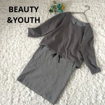 유나이티드 애로우즈 절개 원피스 7부 소매 무릎 기장 그레이/보더 F