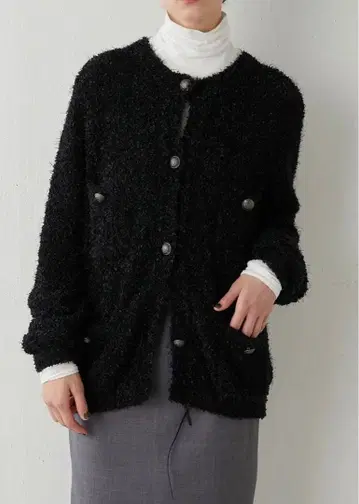 Whim Gazette 니트 트위드 버튼 자켓 가디건_블랙