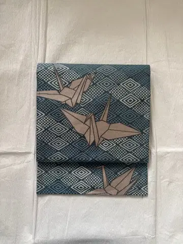 나고야 오비 육통 접은 학 마름모 녹청색 옅은 주황색