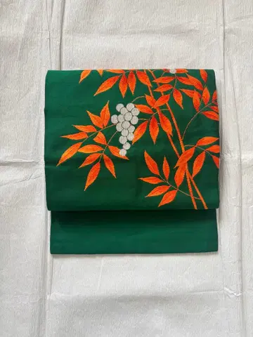 나고야 오비 오타이코 패턴 시오제 자수 그린 컬러 주황색