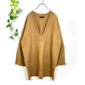 23구 V넥 니트 스웨터 튜닉 기장 울 100% 브라운 38