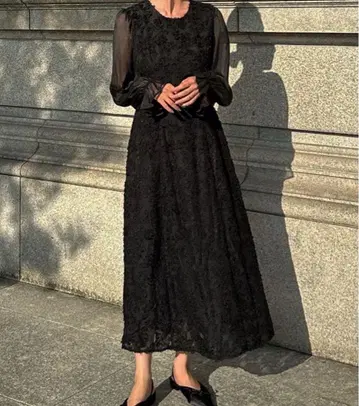 JUNOAH 시어 슬리브 A라인 원피스 블랙 M 사이즈