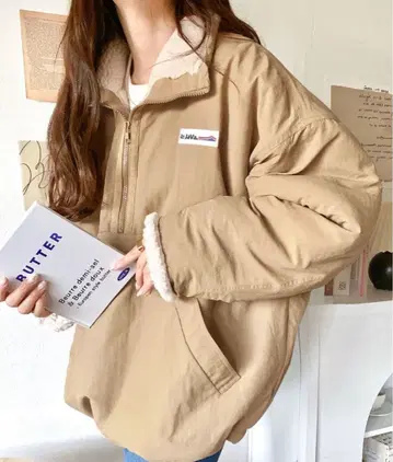 JAVA 리버서블 하프 지퍼 나일론 보아 오버 사이즈 블루종