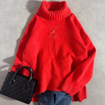 뷰티 앤 유스 울 캐시미어 아쿠아 루즈 터틀넥 니트 빨간색