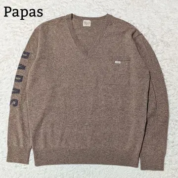 새상품급 파파스 소매 로고 V넥 니트 스웨터 최근 택 M 브라운