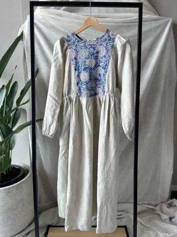 프렌치 린넨 캇포기 원피스 블록 프린트 원피스 아이보리 2way