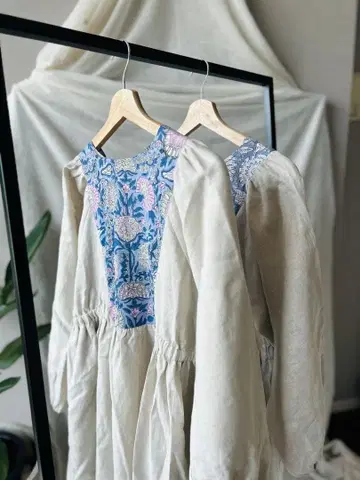 프렌치 린넨 캇포기 원피스 블록 프린트 원피스 아이보리 2way