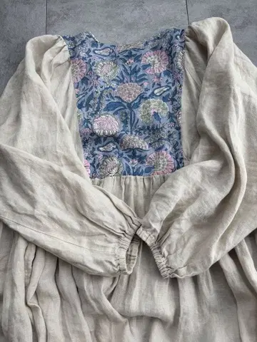 프렌치 린넨 캇포기 원피스 블록 프린트 원피스 아이보리 2way