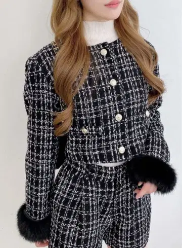 INGNI 소매 에코 퍼 트위드 자켓 블랙