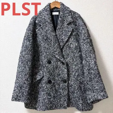 플라스테 PLST 트위드 더블 브레스트 피 코트 울 블랙 L