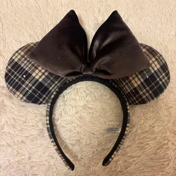체크 무늬 미니 귀 디즈니 머리띠 브라운