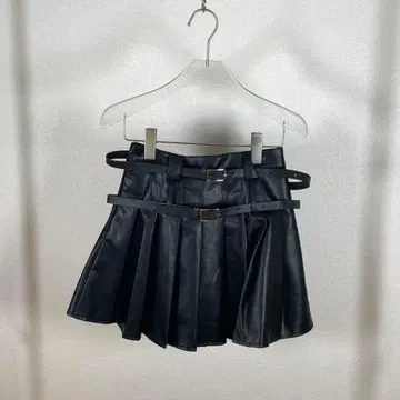 가죽 플리츠 미니 스커트 2중 벨트 포함 블랙 S