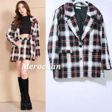 다리치 체크 트위드 오버 자켓 빨간색