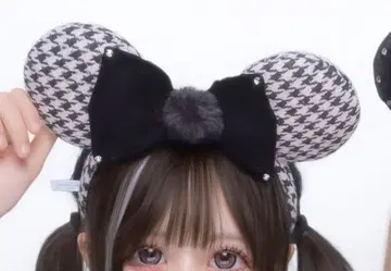 미키 귀 체크 무늬 머리띠