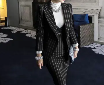 셋업 여성용 원피스 수트 긴팔 스트라이프 원버튼