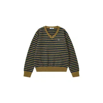 aeae 올리브 그린 네이비 스트라이프 V넥 니트