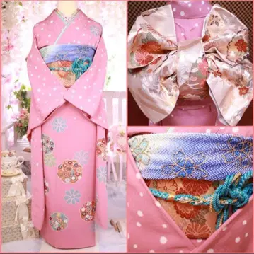 피에르 가르뎅 핑크 도트 후리소데 럭셔리 후쿠로 오비 2종 세트