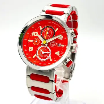 TCH SPORTS 크로노그래프 남성용 손목시계 레드&실버 새 배터리