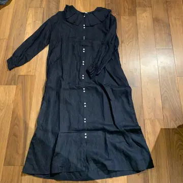 다크 네이비 긴팔 셔츠 원피스 조개 단추 작가 린넨