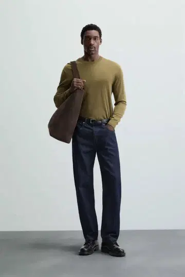 ZARA 남성용 택 포함 얇은 소재 니트 스테디셀러 카키 울 고급