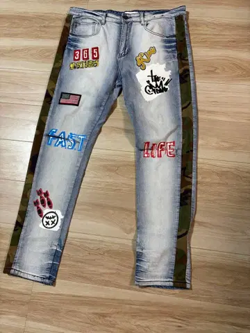 레어 빅 사이즈 KLOUD9 페인트 와펜 데미지 가공 청바지