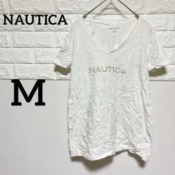 [ NAUTICA ] M 반팔 티셔츠 화이트 V넥 스톤 장식 로고